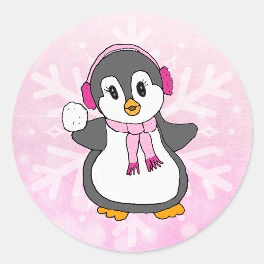 Schattigee roze kerstpinguïn met sneeuwbalvakantie ronde sticker (Voorkant)