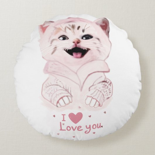 Schattigee Roze Kitten "I Love You" Ronde Kussen (Voorkant)
