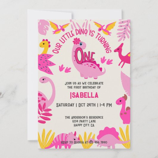 Schattigee Roze Kleine Dinosaurus Meisjes 1e Verja Kaart (Voorkant)