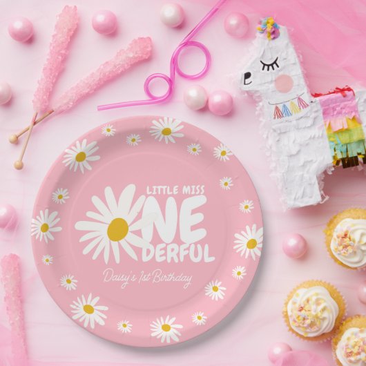 Schattigee Roze Kleine Miss ONEderful Daisy 1e Ver Papieren Bordje (Feest)