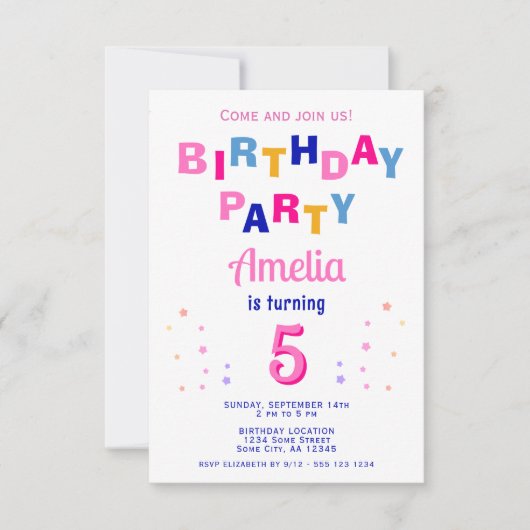 Schattigee Roze Kleurrijke Sterren Typografie Meis Kaart (Voorkant)