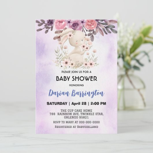 Schattigee roze konijnenbloem babymeisjesdouche kaart (Staand voorkant)