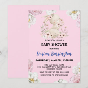 Schattigee roze konijnenbloem babymeisjesdouche kaart