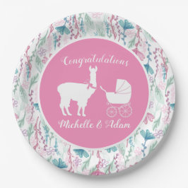 Schattigee Roze Llama Meisje Baby shower Papieren Bordje