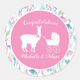 Schattigee Roze Llama Meisje Baby shower Ronde Sticker