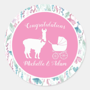 Schattigee Roze Llama Meisje Baby shower Ronde Sticker