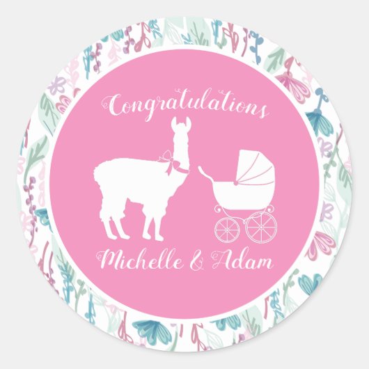 Schattigee Roze Llama Meisje Baby shower Ronde Sticker (Voorkant)