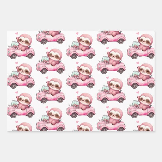 Schattigee Roze luiaard Rijden een auto patroon Inpakpapier Vel (Voorkant 3)