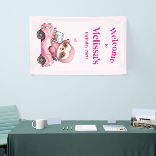 Schattigee Roze luiaard Rijden een auto Verjaardag Spandoek (Beurs)