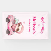 Schattigee Roze luiaard Rijden een auto Verjaardag Spandoek (Horizontaal)