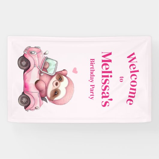 Schattigee Roze luiaard Rijden een auto Verjaardag Spandoek (Horizontaal)