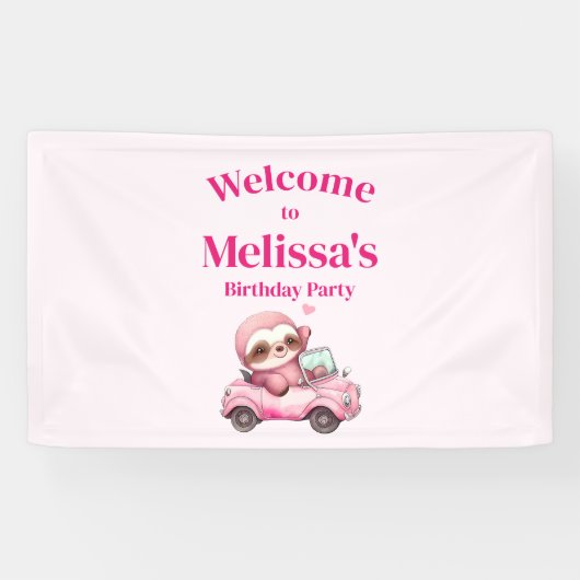 Schattigee Roze luiaard Rijden een auto Verjaardag Spandoek (Horizontaal)