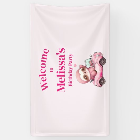 Schattigee Roze luiaard Rijden een auto Verjaardag Spandoek (Verticaal)