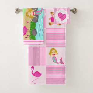 Schattigee Roze Meisje Zeemeermin Kleurrijke Regen Bad Handdoek