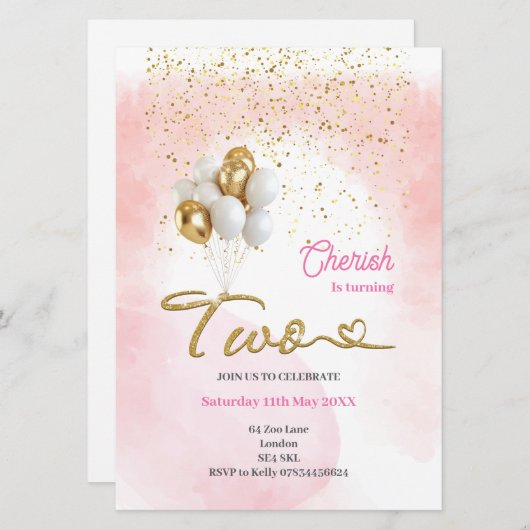 Schattigee Roze Meisjes '2e Verjaardag Uitnodiging (Voorkant / Achterkant)