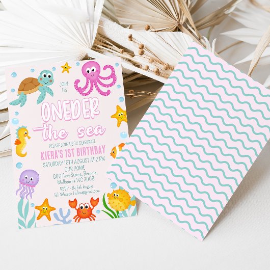 Schattigee Roze Meisjes Oneder Het Zee 1e Verjaard Kaart