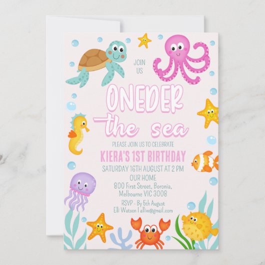 Schattigee Roze Meisjes Oneder Het Zee 1e Verjaard Kaart (Voorkant)