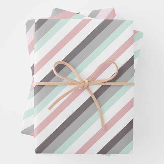 Schattigee Roze Mint Groen en Grijs Gestreepte Pat Inpakpapier Vel (In situ)