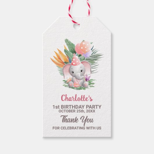 Schattigee Roze Olifant 1e Verjaardag Bedankt Cadeaulabel (Voorkant)