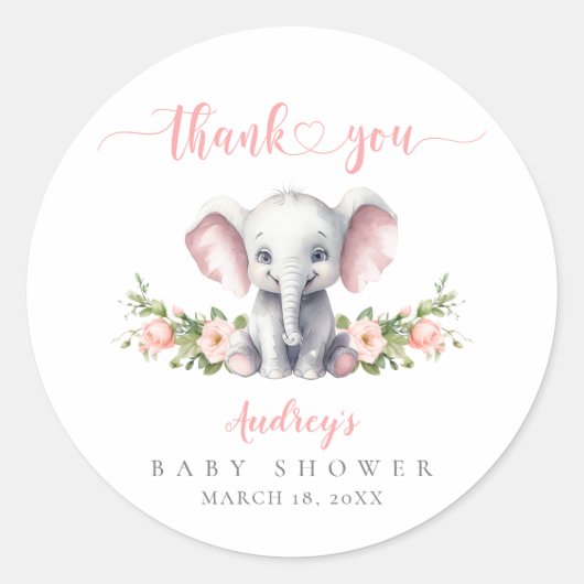 Schattigee Roze Olifant Baby Meisje Douche Bedankt Ronde Sticker (Voorkant)
