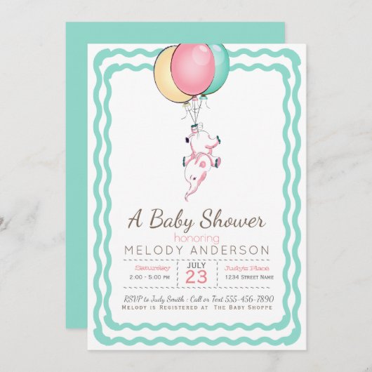 Schattigee Roze Olifant en Ballonnen Baby shower Kaart (Voorkant / Achterkant)