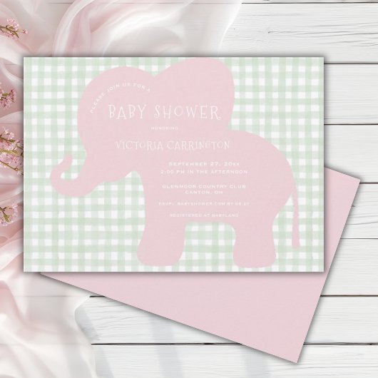 Schattigee Roze Olifant Green Gingham Baby shower Kaart