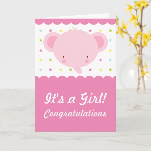 Schattigee roze olifant is een meisje Gefeliciteer Kaart (Gele Bloem)