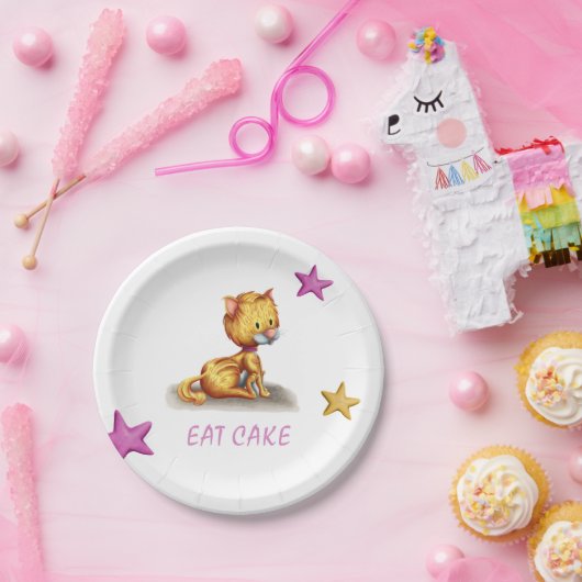 Schattigee Roze Oranje Kitty Cat Papieren Bordje (Feest)
