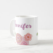 Schattigee roze Paarse bloeibloemen met scriptnaam Koffiemok (Voorkant links)