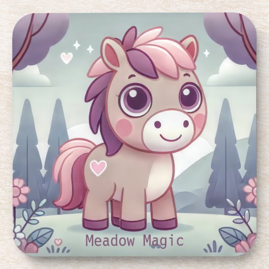 Schattigee Roze Paarse Pony in Dreamy Meadow Bier Onderzetter (Voorkant)