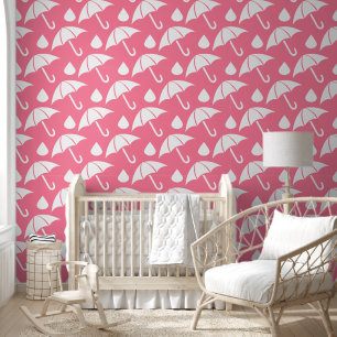 Schattigee roze paraplu en regendruppels patroon behang