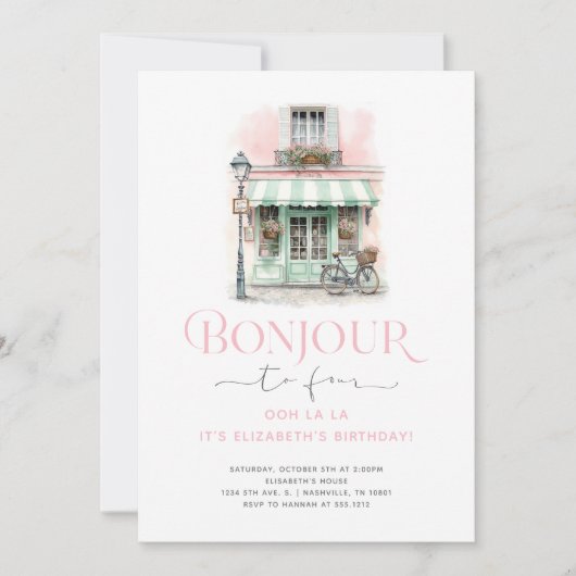 Schattigee roze Paris Bonjour naar vier 4e verjaar Kaart (Voorkant)