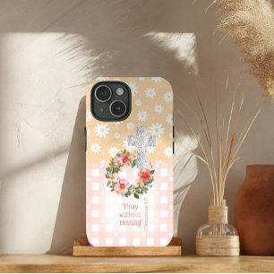 Schattigee Roze Perzik Roos Krans Kruis Schrift iPhone 15 Case