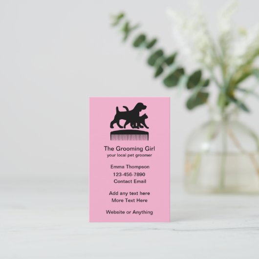 Schattigee Roze Pet Grooming Theme Visitekaartjes (Staand voorkant)