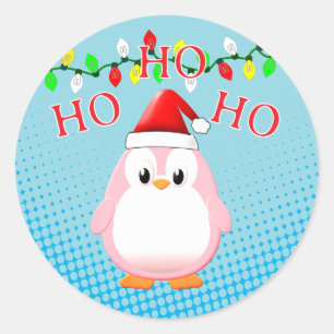 Schattigee Roze Pinguïn Santa Hat Kerstverlichting Ronde Sticker