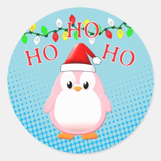 Schattigee Roze Pinguïn Santa Hat Kerstverlichting Ronde Sticker (Voorkant)