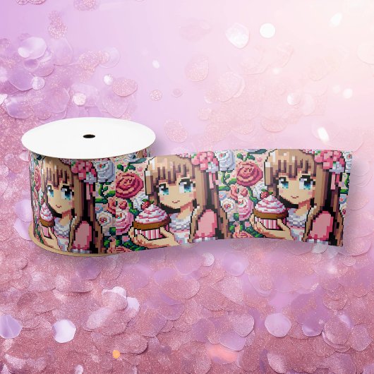 Schattigee Roze Pixel Art Girl's Verjaardag Cupcak Satijnen Lint
