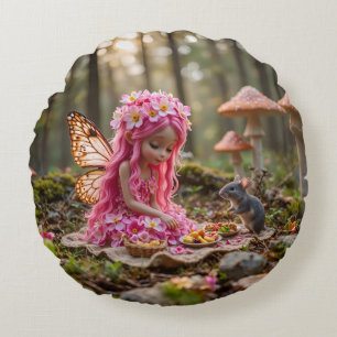 Schattigee Roze Pixie en Muizenpicknick Rond Kussen