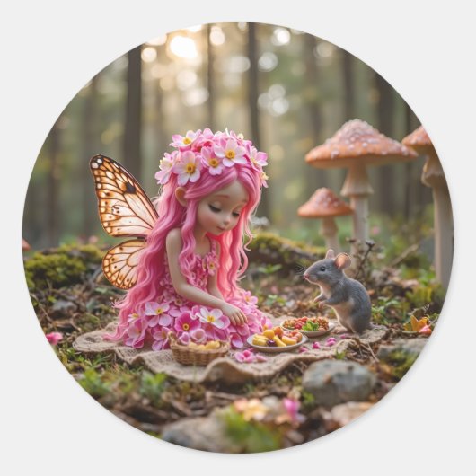 Schattigee Roze Pixie en Muizenpicknick Ronde Sticker (Voorkant)