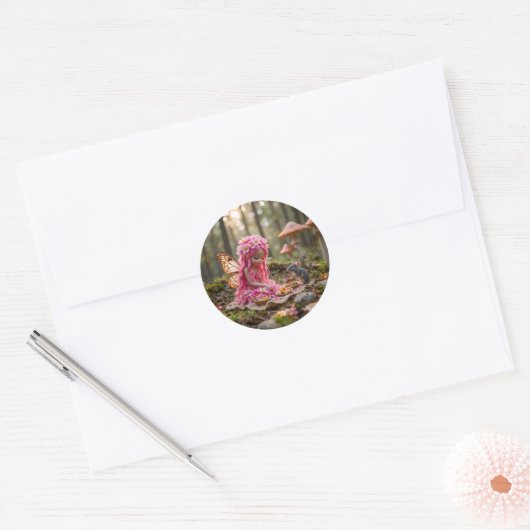 Schattigee Roze Pixie en Muizenpicknick Ronde Sticker (Envelop)