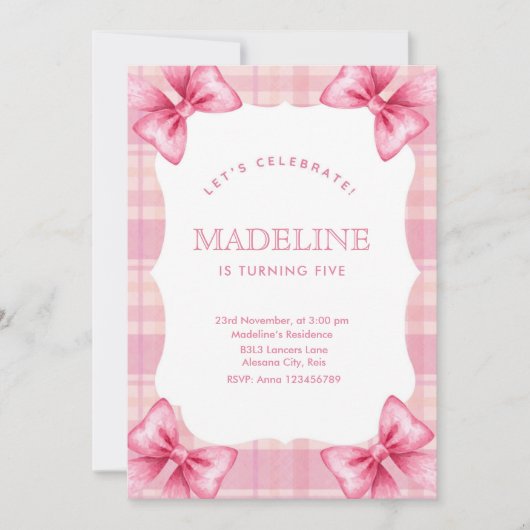Schattigee Roze Plaid & Bow Coquette Meisje Verjaa Kaart (Voorkant)