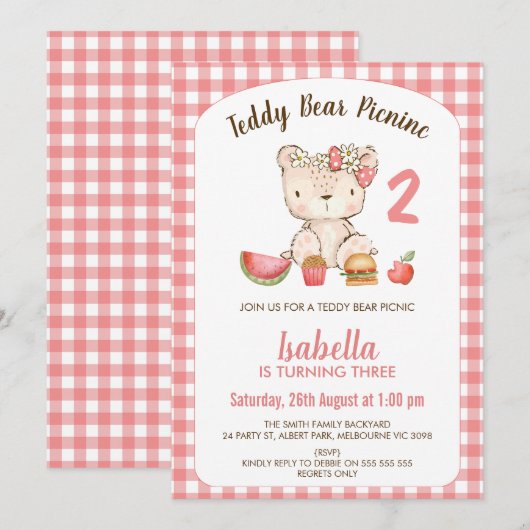 Schattigee Roze Plaid Teddy Bear picknick Verjaard Kaart (Voorkant / Achterkant)