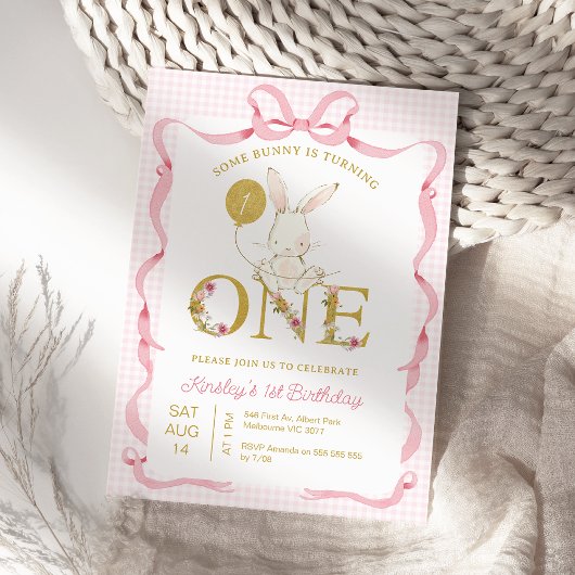 Schattigee Roze Plaid Wildflower Enkele Bunny 1e V Kaart