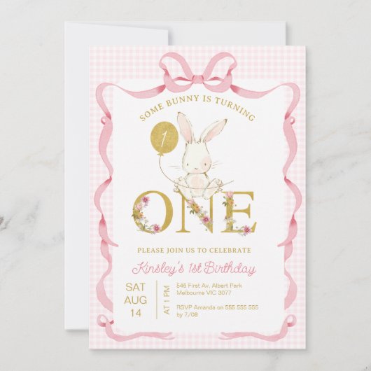 Schattigee Roze Plaid Wildflower Enkele Bunny 1e V Kaart (Voorkant)