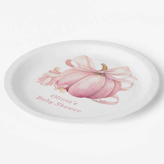 Schattigee Roze Pompoen Bow Baby shower Papieren Bordje (Gekanteld)