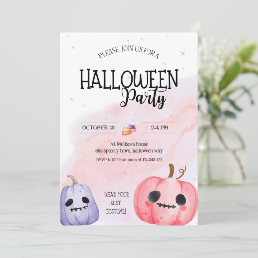 Schattigee roze pompoen waterverf kinder Halloween Kaart (Staand voorkant)