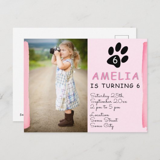Schattigee roze poot foto verjaardagsfeestuitnodig uitnodiging briefkaart (Voorkant / Achterkant)