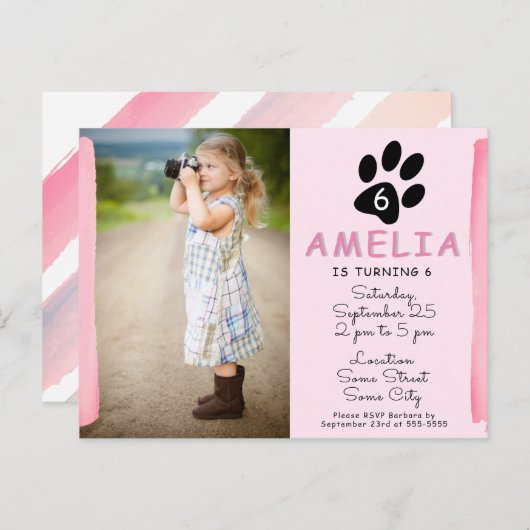 Schattigee roze poot foto verjaardagsfeestuitnodig uitnodiging briefkaart (Voorkant / Achterkant)