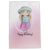 Schattigee roze pop Happy Birthday Waterverf Medium Cadeauzakje (Voorkant)