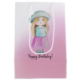 Schattigee roze pop Happy Birthday Waterverf Medium Cadeauzakje